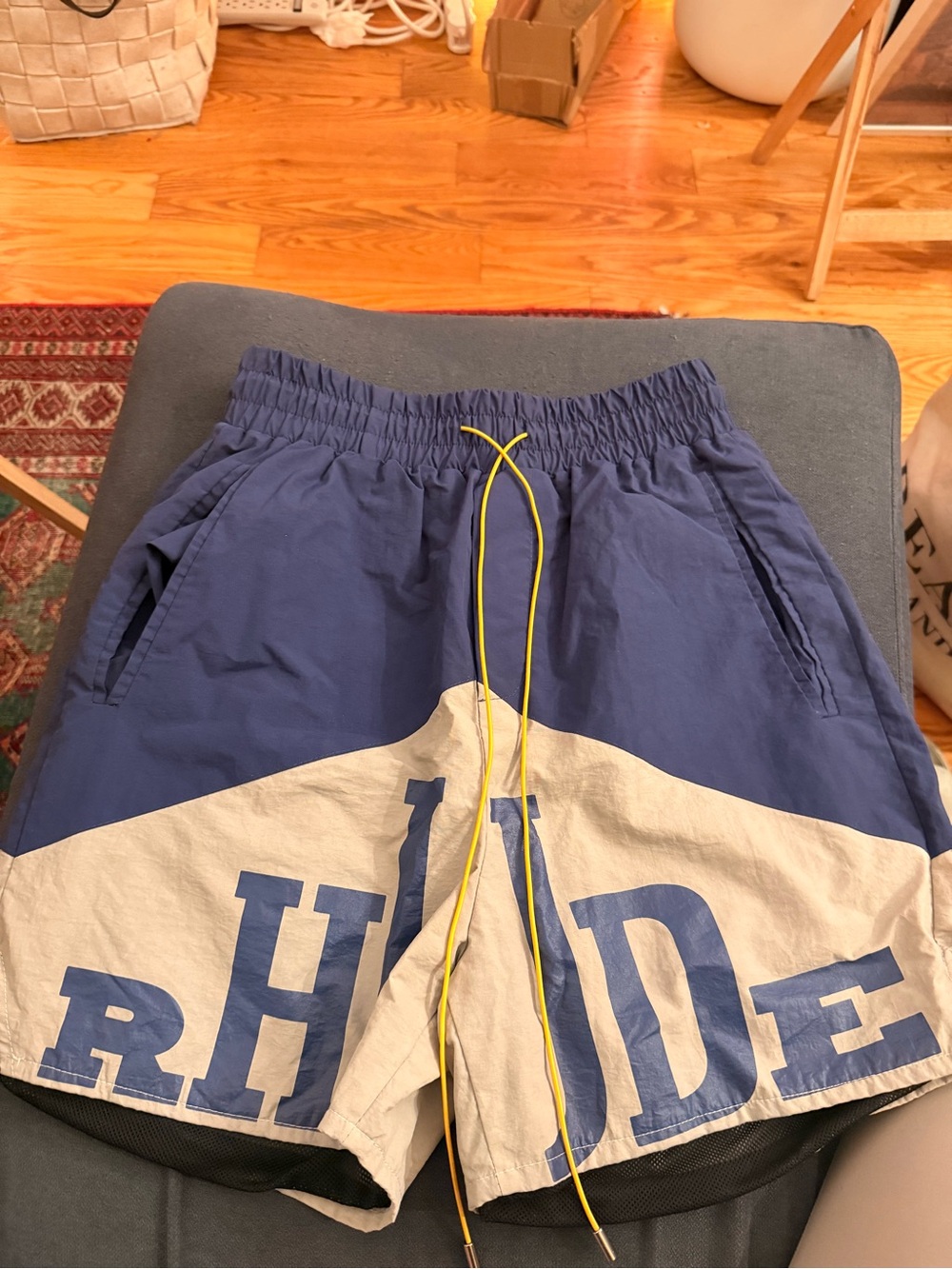 Rhude blue and white logo short